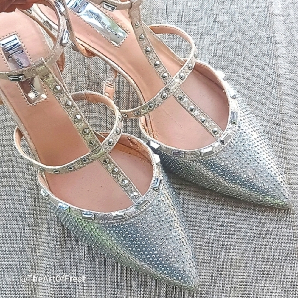 INC International Concepts Silver Kitten Heels W/ Rhinestone T-straps